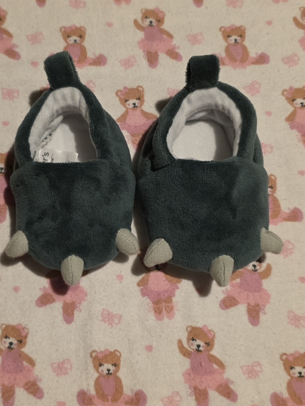 5/$20 Carter's Plush Dino Baby Slippers in Forest Green with Gray Claws